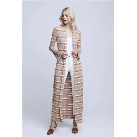 L'AGENCE Mirija Pink White Gold Metallic Stripe Duster Cardigan Sweater - Picture 5 of 7